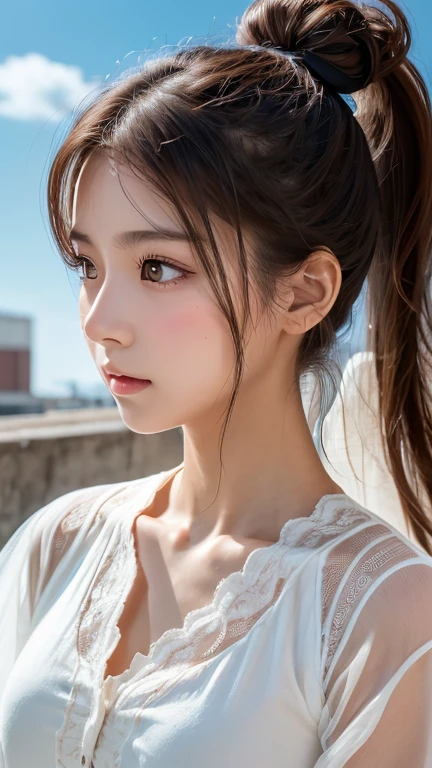 (Perfect Anatomy:1.2)(Absurd, High resolution, Super detailed),masterpiece,Highest quality,High resolution,8k,Realistic Face,Realistic skin texture,Expanded Texture, ,Amazing clarity,high school girl,Cowboy Shot,View the viewer、blush、Angle from below、Background is sky、((Looking down at the ground from above))、Hair blowing in the wind，amount、looking at the camera、sheer、Low - Angle、ponytail