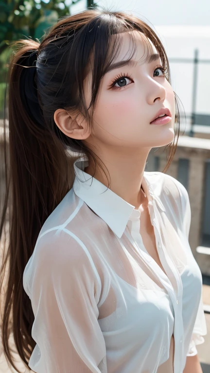 (Perfect Anatomy:1.2)(Absurd, High resolution, Super detailed),masterpiece,Highest quality,High resolution,8k,Realistic Face,Realistic skin texture,Expanded Texture, ,Amazing clarity,high school girl,Cowboy Shot,View the viewer、blush、Angle from below、Background is sky、((Looking down at the ground from above))、Hair blowing in the wind，amount、looking at the camera、sheer、Low - Angle、ponytail