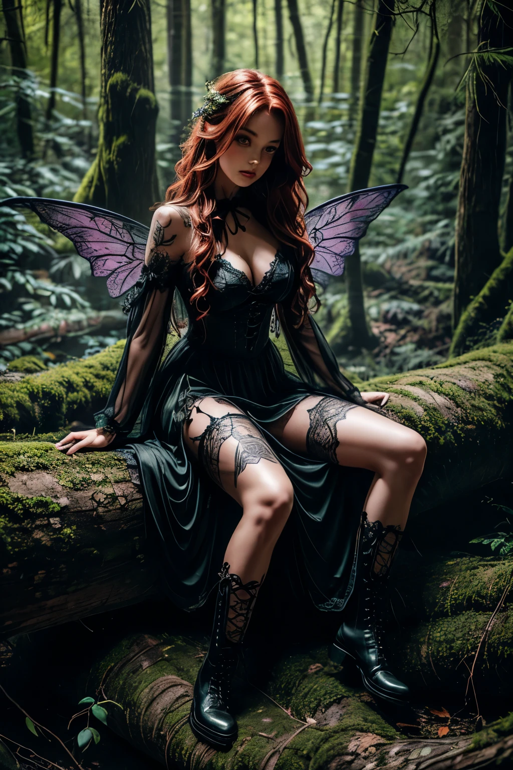 Full-body image of a pretty woman with tattoos and lace fairy wings, wearing a Gothic style elegant knee length dress, with fishnet stockings and combat boots, sitting on a moss covered Log(fallen tree), looking at viewer, long wavy auburn hair, expressive eyes, beautiful features
