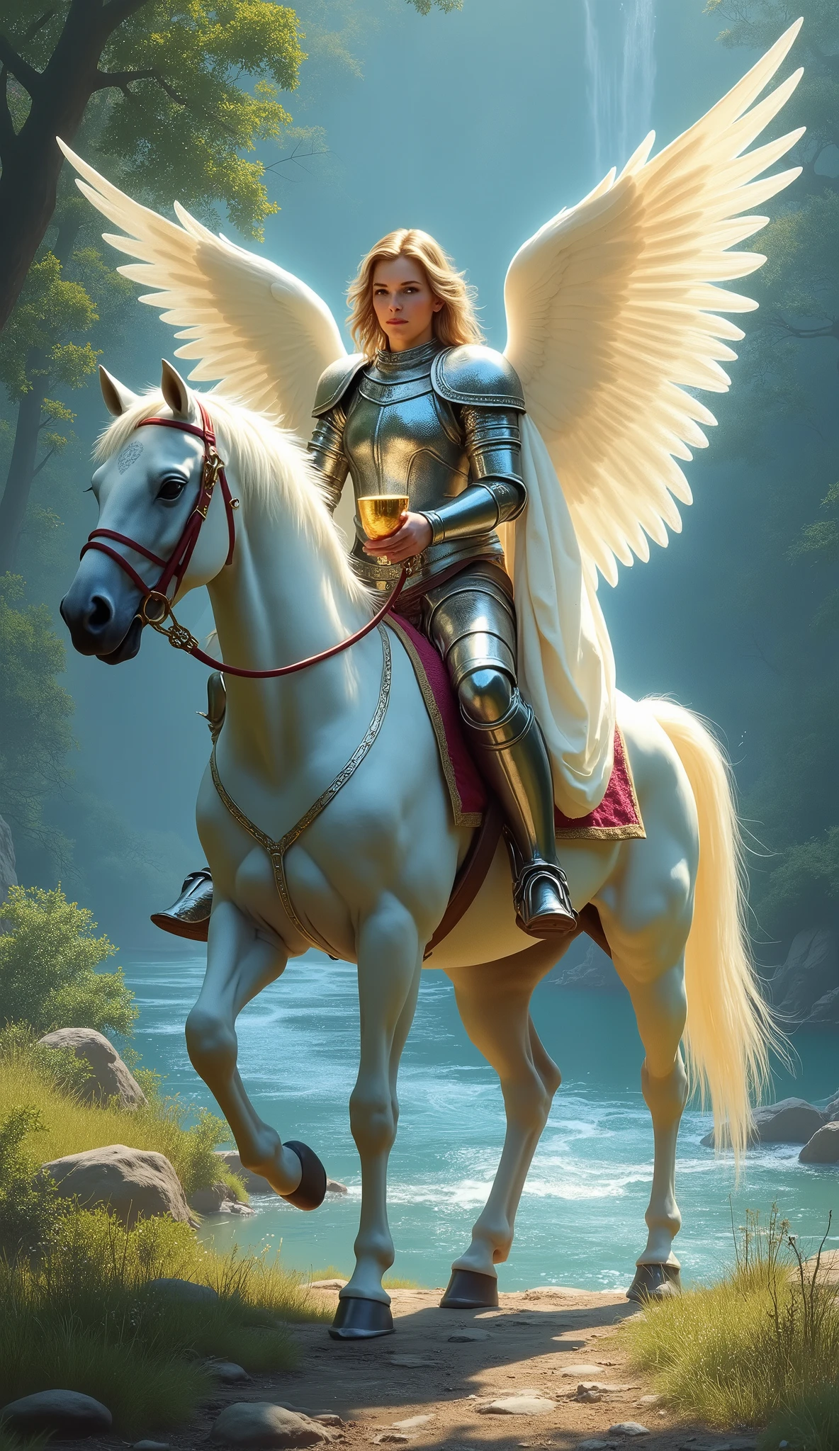 Create an evocative scene for the "Warrior of Chalices" card, inspired by the Rider-Waite Knight of Cups, with an angelic theme. Depict a noble and determined angelic figure mounted on a radiant white horse, the horse adorned with elegant, flowing drapery. The angel, dressed in shimmering silver and blue armor, holds a golden chalice close to their heart, representing a quest for emotional truth and integrity. The angel's wings are partially spread, glowing with a soft, ethereal light. The horse moves gracefully across a peaceful, lush landscape with a gently flowing river in the background, symbolizing the flow of emotions. The overall atmosphere should convey a sense of romanticism, idealism, and the pursuit of noble causes, perfectly aligned with the Lumen Angelis tarot deck.