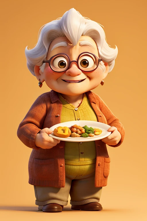 A chubby old lady holding a plate with both hands smiling with a hot Couscous straight from the fire with a yellow background with a close-up capturing the harmonious beauty showing her natural charm and outgoing personality..