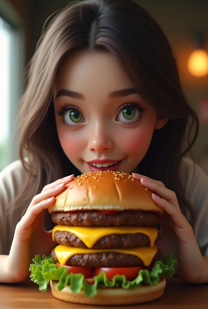 [Ouverture] : Gros plan sur une femme au visage  realist et aux yeux verts et aux cheveux lisses, assise à une table. [Action] : Elle prend un hamburger composé de 2 steack savoureux du fromage bien fondant coulant sur les bords, avec quelque tomates et de belle feuilles de salade. avec les deux mains et l'approche de sa bouche. [Détail] : Zoom sur le hamburger avec ses ingrédients appétissants. [Clôture] : La femme prend une bouchée avec un sourire de plaisir, montrant clairement qu'elle apprécie chaque instant. Texte à l'écran : "Délicieux à chaque bouchée !"