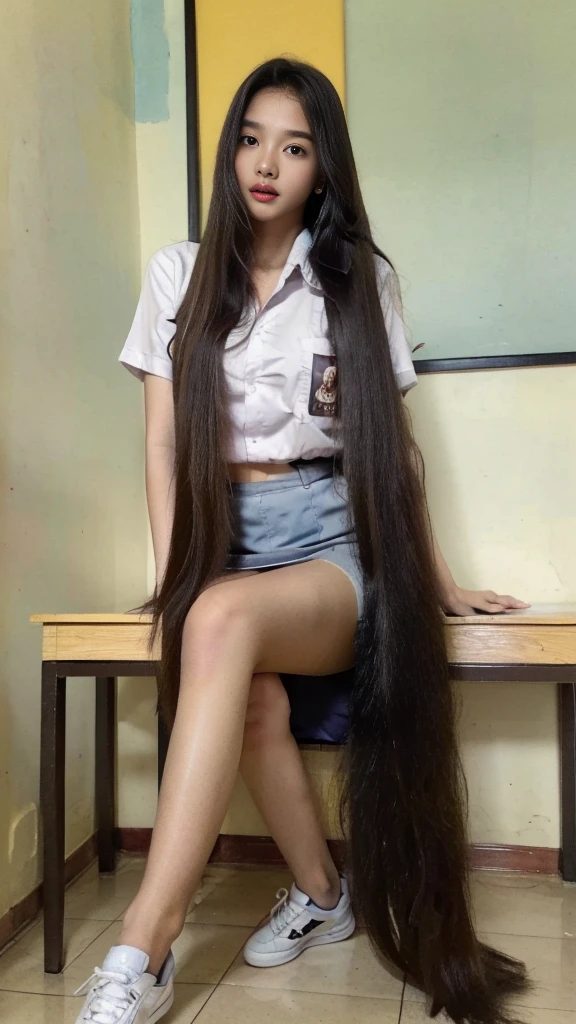 RAW, Best quality, high resolution, masterpiece: 1.3), two Beautiful young indonesian girl,lesbian, ((huge boobs:1.4)),very longhair girl, floor length hair,length knee hair,seductive pose, showing breast, open legs showing vagina, sensual body, on a top of table of class room,  ((senior high school clothes)), orgasm, highres, 4k, HDR, 1girl, photorealistic, realistic, big breasts, ((whole body)) turning away facial at viewer, closeup, class-room, misty,wear white shoes 