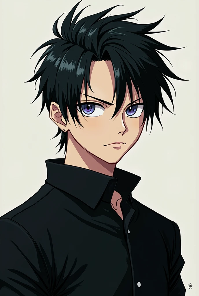 a human man with white skin in the style of one piece, Bblack hair, you look yellow, and black clothes