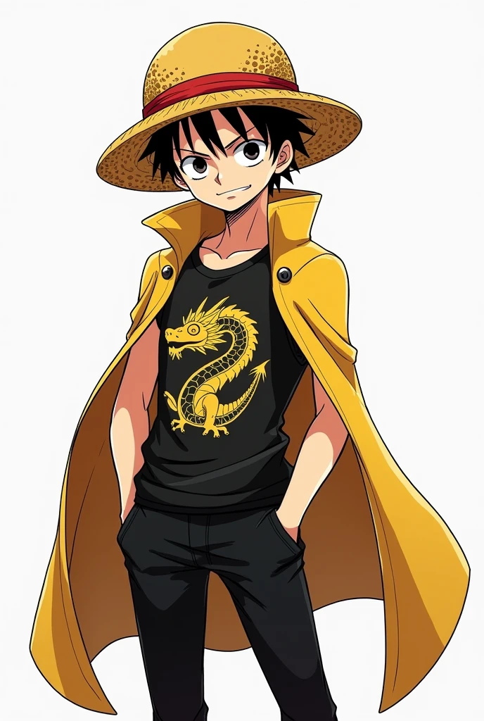 Créez une image d&#39;un garçon avec un visage portant un chapeau jaune, une chemise avec une image d&#39;un dragon, pantalon noir et une écharpe de Katakuri de One Piece