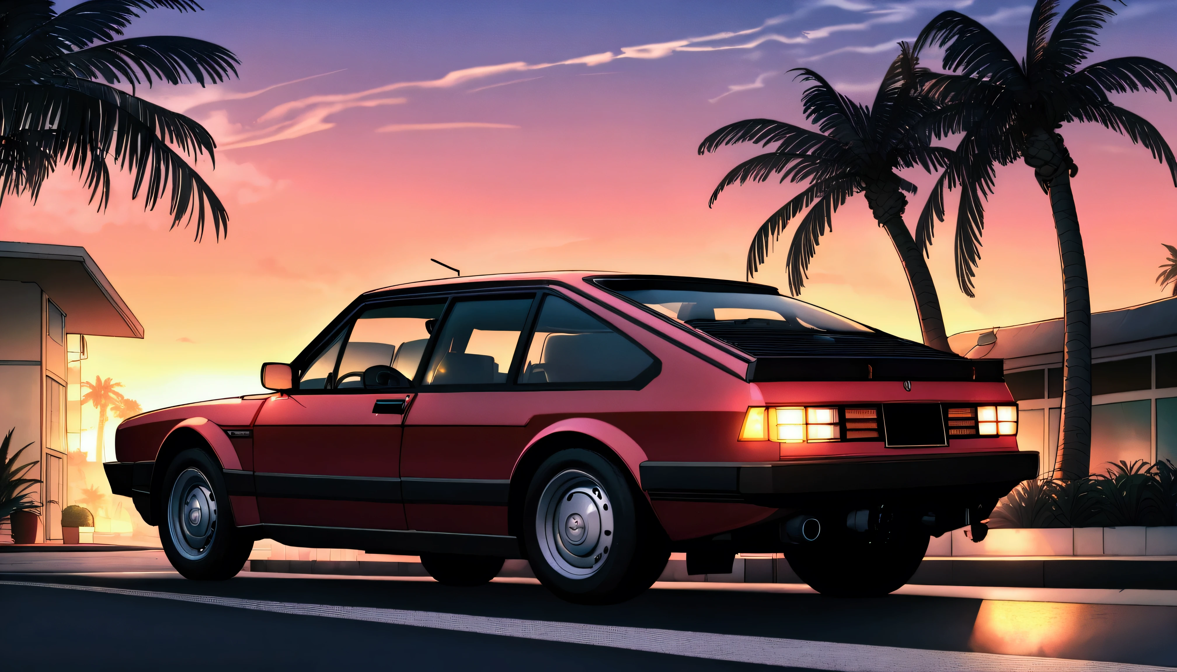 ((TShirt Design)), 1985 Saab 900 Turbo, Sunset background, Palm tree, Layers with 5 colors, Corner of the street, Berek's drum, Plethean,