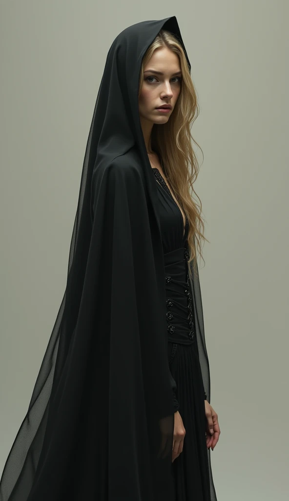 Very beautiful blonde woman, widow, Mourning clothes, slim, Small breasts