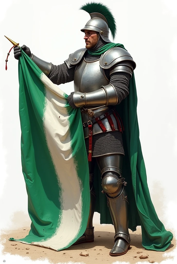 Make a warrior of England tearing the flag of Nigeria Clothes and Armor : Start with a sketch of the warrior wearing traditional English armor.. May include elements such as chainmail, helmet with plume and a sword or spear.
Pose and Expression Draw the warrior in a firm, heroic pose, holding the flag. Facial expression should convey courage and determination.
Flag Drawing Position Sketch the flag of Nigeria being held by the warrior. The flag is rectangular with three vertical stripes.: Unripe, branco e Unripe.
cores da bandeira duas faixas Unripes nas extremidades e uma faixa branca no meio.
Warrior Usu metallic colors for armor, like silver or steel, red and blue details for decorative elements or coats of arms.
Bandeira Utilize Unripe e branco para a bandeira, ensuring that the colors are vibrant and true to the official design.
Add final details, like shadows and lighting, to give depth and realism to the drawing.