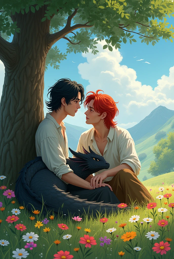 Two boys about 30 years old in an open field where there are many flowers and very beautiful trees, the black-haired boy is lying on the legs of the girl who has very red hair like fire while they stare at each other and she is sitting with her back leaning on a tree and next to them is a black dragon with its back turned