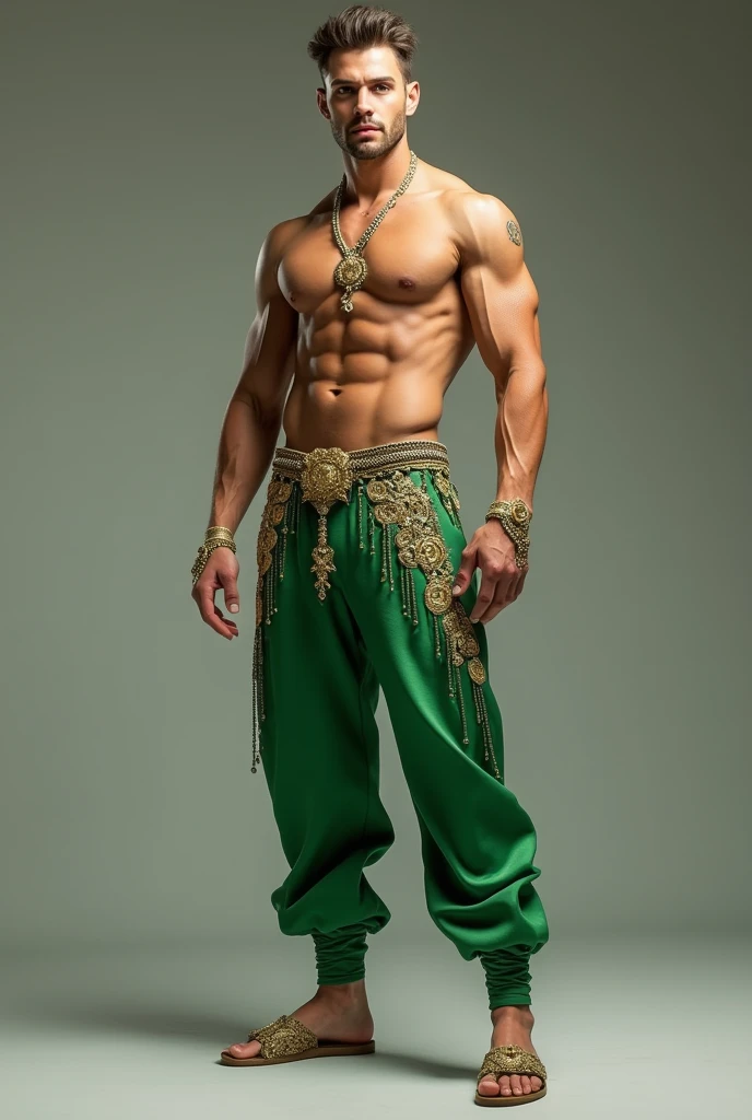 Draco wears a costume consisting of green exotic dancer pants with a hole that reveals the thighs. The pants are embellished with gold jewels and paired with matching sandals.. The set is shirtless.