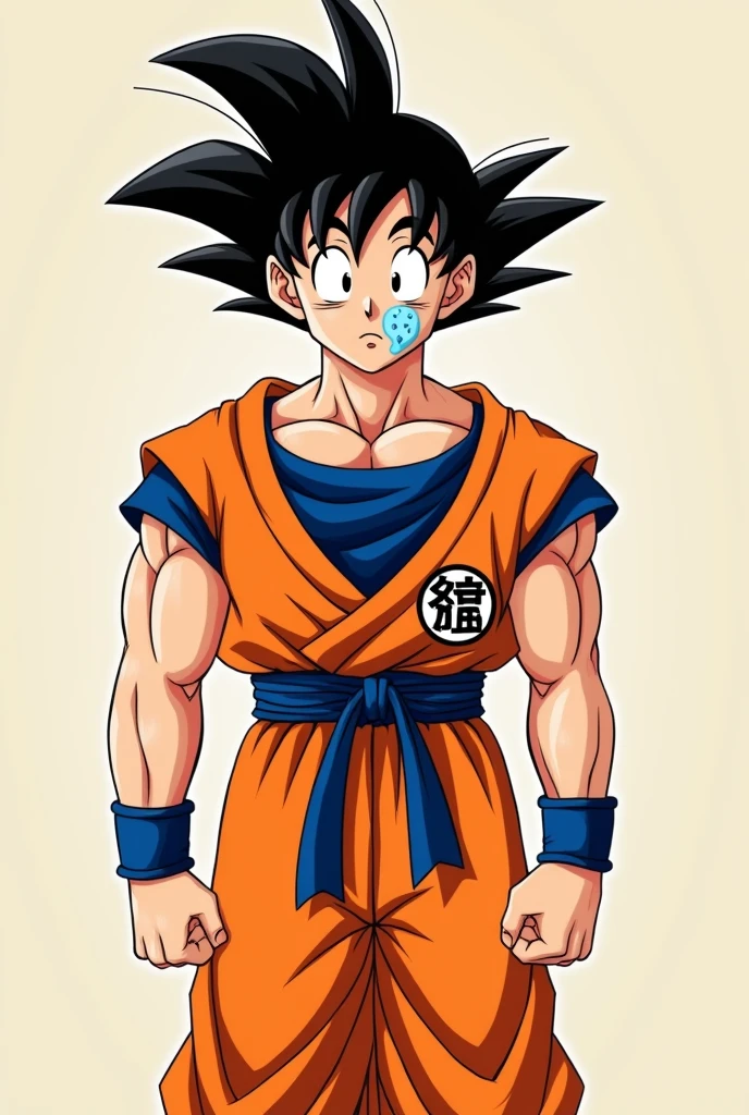 Create a Dragon Ball Goku character with his orange outfit and a crying face sticker.