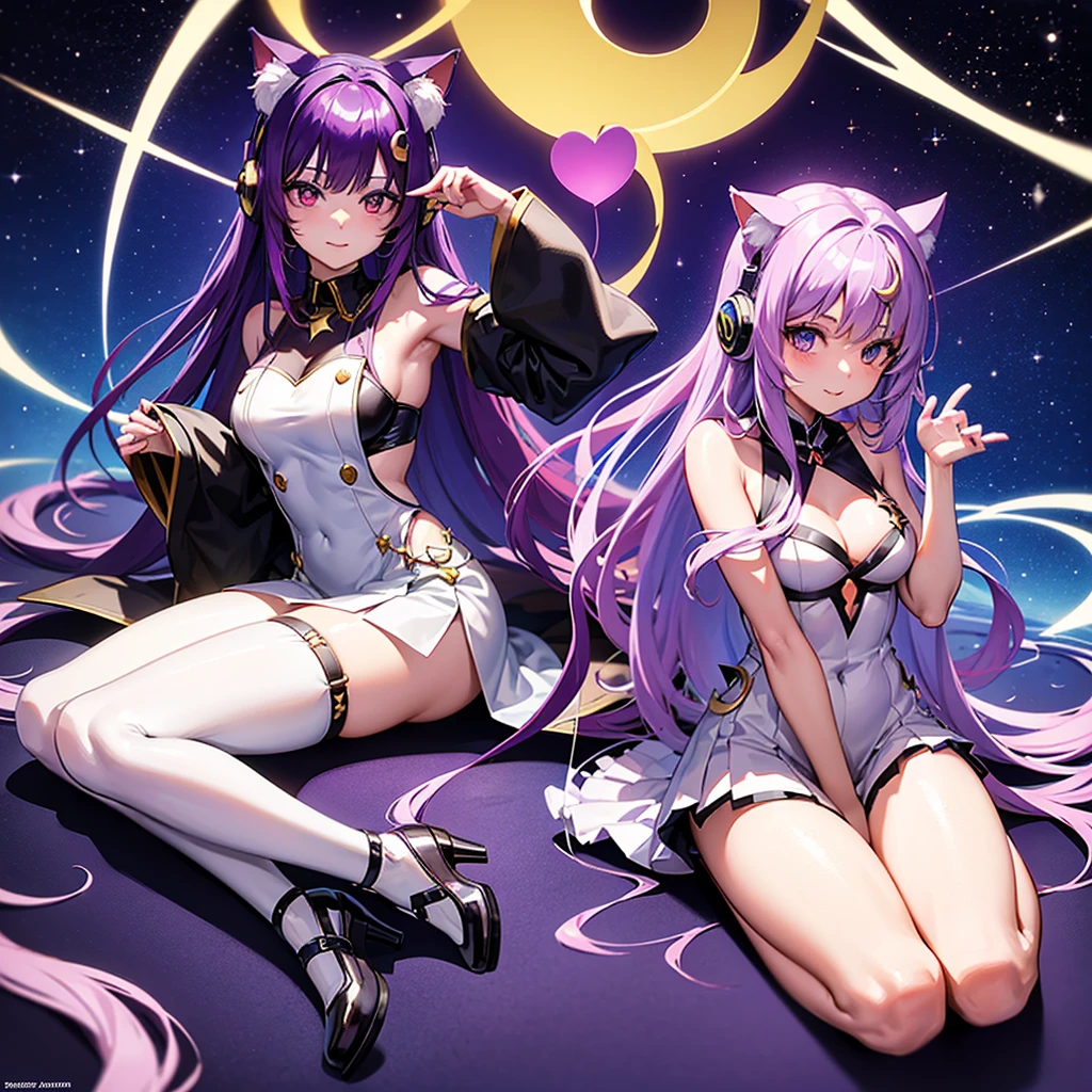 Logo for a cosplayer page You have to bring an anime girl with long straight purple hair with fuzzy tips and cat ear headphones, sitting on a crescent moon with a star and heart (in bright colors) The white background