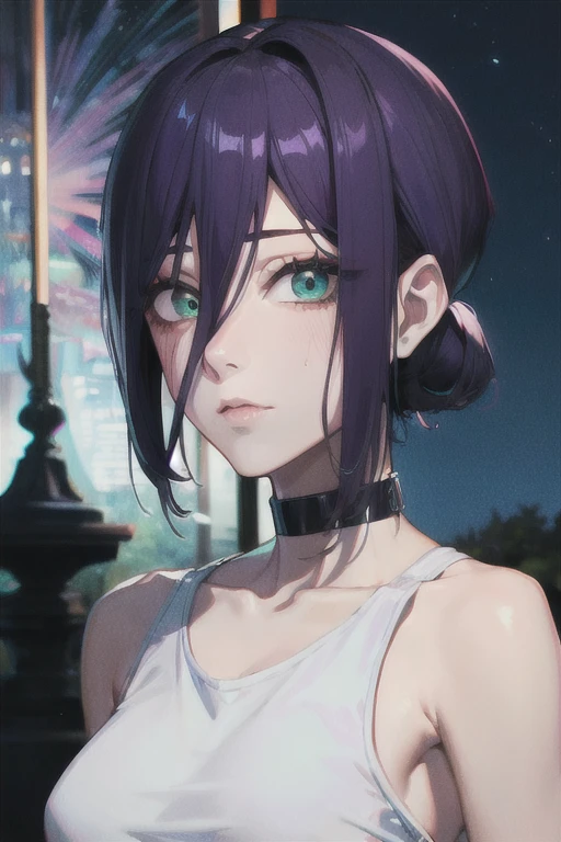 (Highest quality)、(Highest quality)、cut、Chainsaw Man、cute、(choker).eyes are emerald、Her hair is purple、Short Bob、Beautiful night view、whole body、detailed、強力なdetailed、cut、((Keep your facial image)).