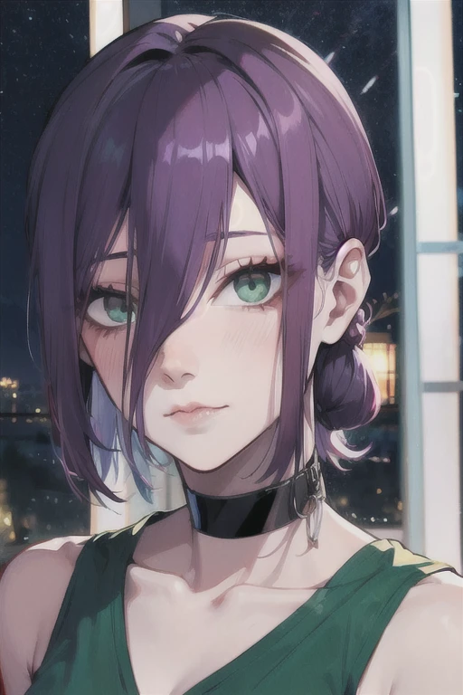 (Highest quality)、(Highest quality)、cut、Chainsaw Man、cute、(choker).eyes are emerald、Her hair is purple、Short Bob、Beautiful night view、whole body、detailed、強力なdetailed、cut、((Keep your facial image)).