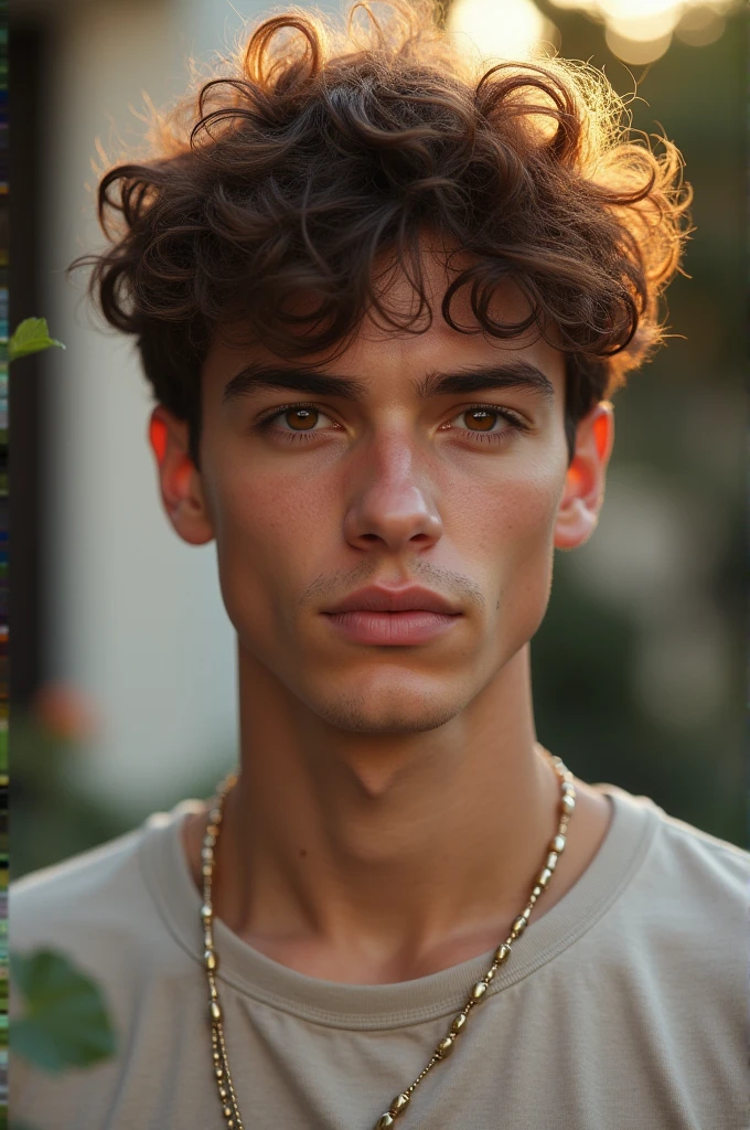 A boy, is a descendant of Aphrodite, ah inherited a certain beauty from her, The chic looks pale, with beautiful hazel eyes, curly hair not so long, brown but sometimes some reddish lights, the boy has a fit body, He is tall and very attractive, too handsome, He is and is in the present time