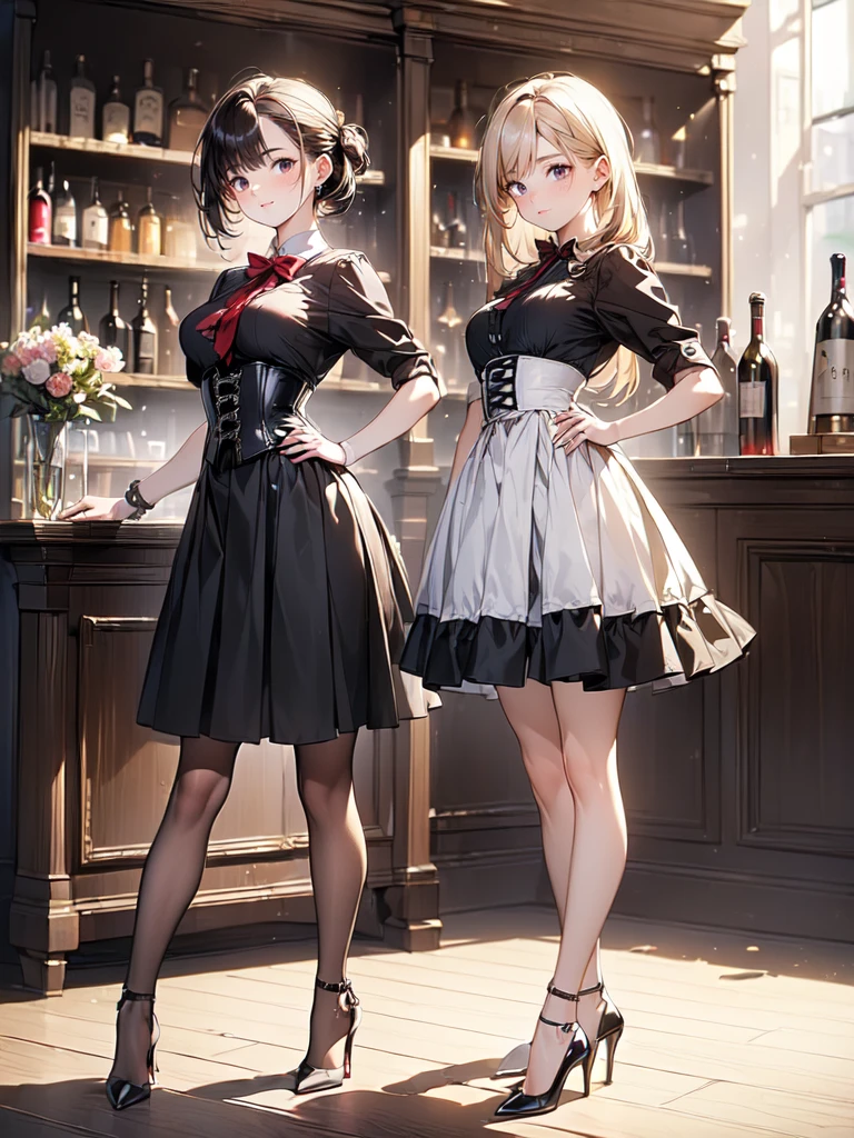 (masterpiece, best quality, highest quality, Masterpiece, 8k:1.5), (kawaii:1.2), (Full Body Shot,Including face,1girl,Focus on the face,Symmetrical facial features), Beautiful woman, (slender), ((High heels)), Detailed depiction of the face, Black Eyes,Cafe,bar, (Red checked skirt,corset,clerk,uniform),Inside the store,Window Cleaning, (multiple:-1.2),