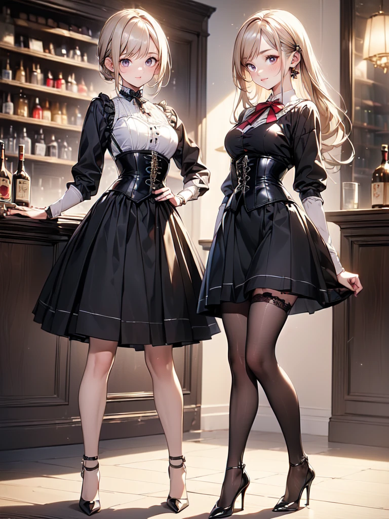 (masterpiece, best quality, highest quality, Masterpiece, 8k:1.5), (kawaii:1.2), (Full Body Shot,Including face,1girl,Focus on the face,Symmetrical facial features), Beautiful woman, (slender), ((High heels)), Detailed depiction of the face, Black Eyes,Cafe,bar, (Red checked skirt,corset,clerk,uniform),Inside the store,Window Cleaning, (multiple:-1.2),