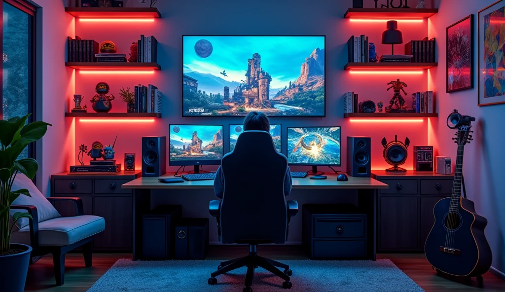 An illustration of a modern video gamer's room. There are shelves on the wall showing various pieces of gaming memorabilia, including collectibles from diverse popular games. A high-quality surround sound system is installed, providing an immersive gaming experience. The room's lighting is dim, adding to the ambiance, with additional lights available through a voice-activated light strip surrounding the room. no desk, no chair