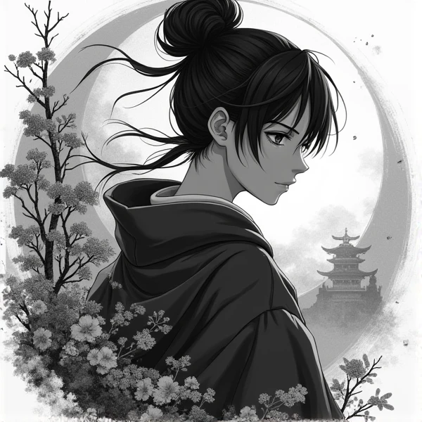 generate black and white japanese style anime image. 