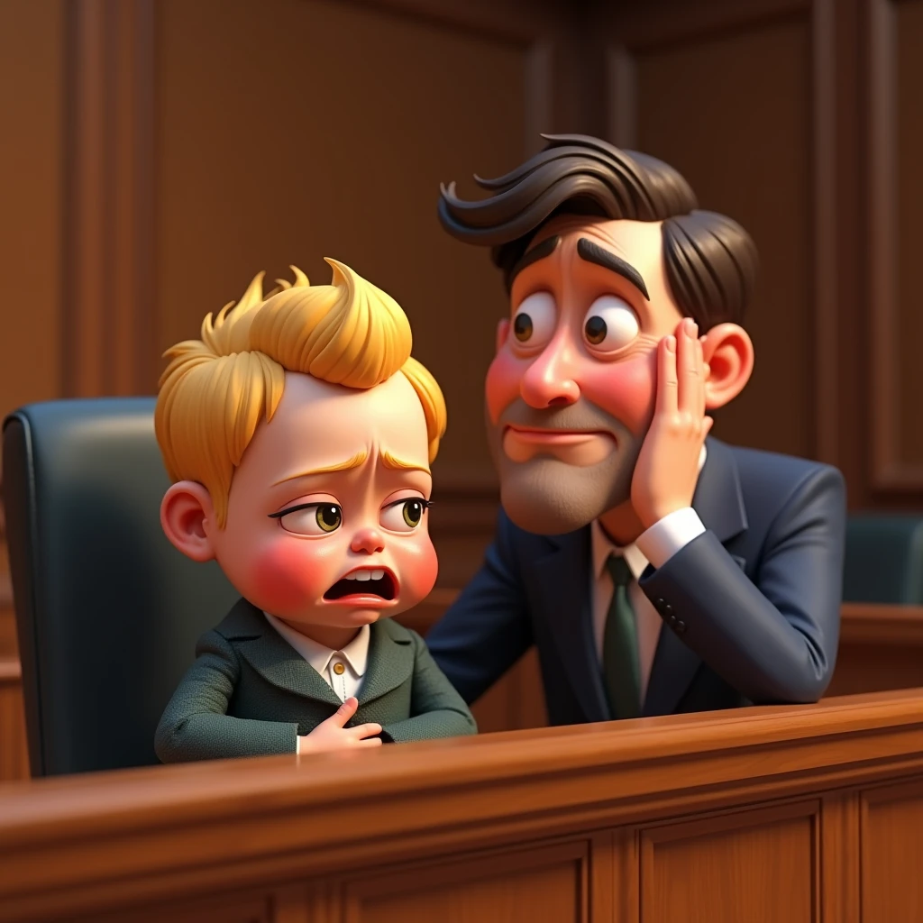 Im Stil von Pixar 3D- The animated film. A baby with blond hair sits in the dock in court and cries and screams. A lawyer sits next to him and desperately holds his hand in front of his face.