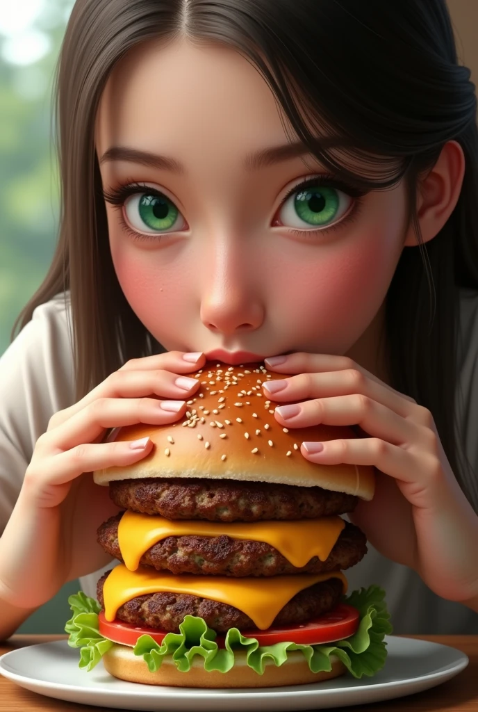 [Ouverture] : Gros plan sur une femme realist aux yeux verts et aux cheveux lisses, assise à une table. [Action] : Elle prend un hamburger composé de 2 steack savoureux du fromage bien fondant coulant sur les bords, avec quelque tomates et de belle feuilles de salade. avec les deux mains et l'approche de sa bouche. [Détail] : Zoom sur le hamburger avec ses ingrédients appétissants. [Clôture] : La femme prend une bouchée avec un sourire de plaisir, montrant clairement qu'elle apprécie chaque instant. Texte à l'écran : "Délicieux à chaque bouchée !"
