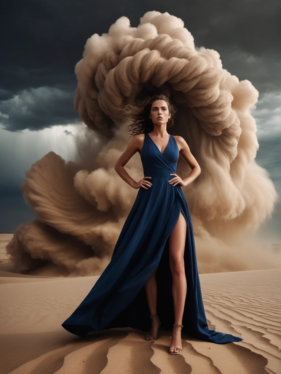 violent (tornado woman:1.2) wearing full body swirling (funnel cloud:1.2) of sand,
magical, surreal, horror, dramatic|athletic pose, in a desert,
high fashion photo, mid shot photo,
