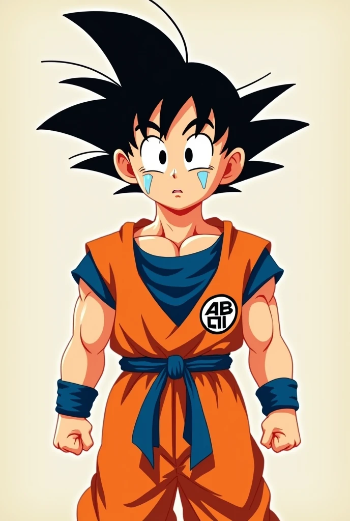 Create a Dragon Ball Goku character with his orange outfit and a crying face sticker.