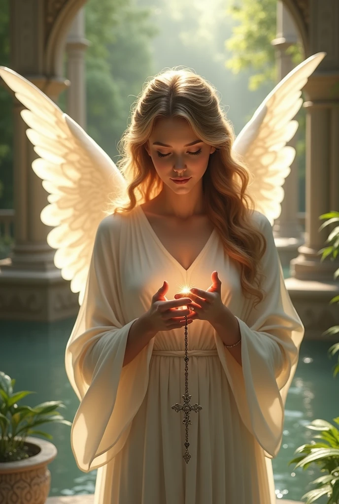 angel holding a rosary in a place of peace