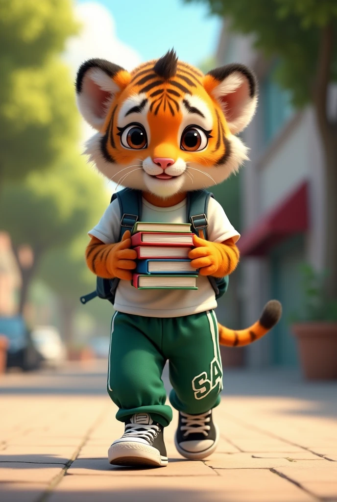 Baby tiger walking to school with notebooks, black tennis shoes, long green sports pants with SAAS in white letters and a white shirt with sleeves