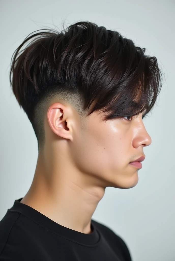 Men's Side Swept Fringe Hairstyle, facing to the right, short sides, only the head visible.