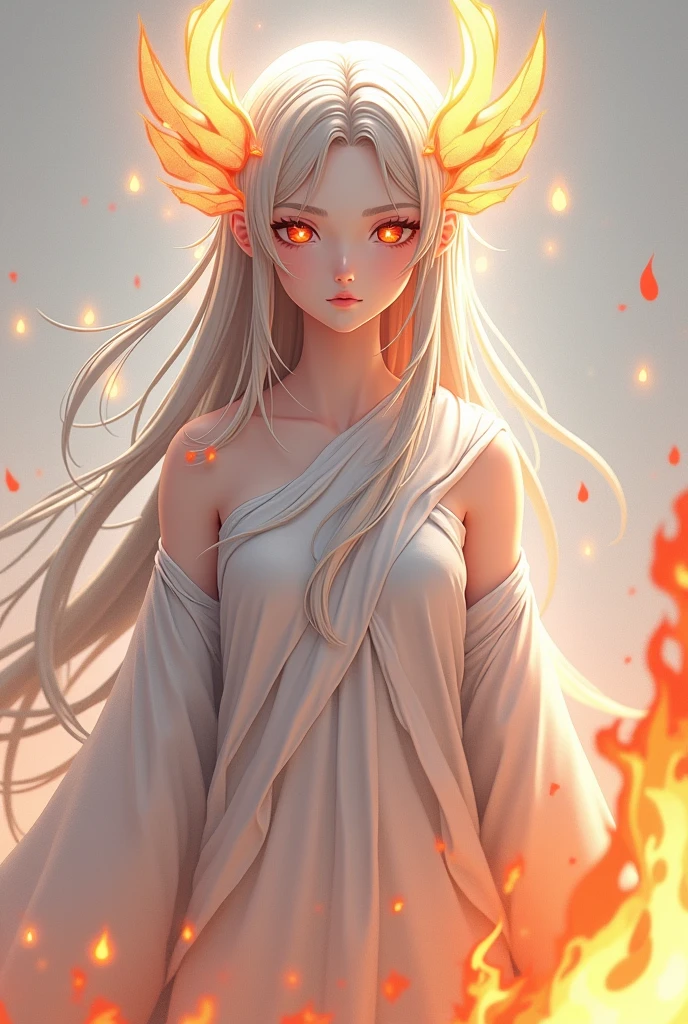 Ardantal é um Deus do fogo no game os deuses são chamados de overlords me de uma imagem de um modelo 3d anime semirealista para jogo estilo perfect world apenas o rosto com um aspecto angelical com a roupa como se fosse apenas um pano branco enroboku mas com umas texturas que remetem ao fogo e como se estivesse queimada nas pontas e que pase uma personalidade atende no personagem mas e como uma chama faça um vetor 100 % boku ,front and back and that
