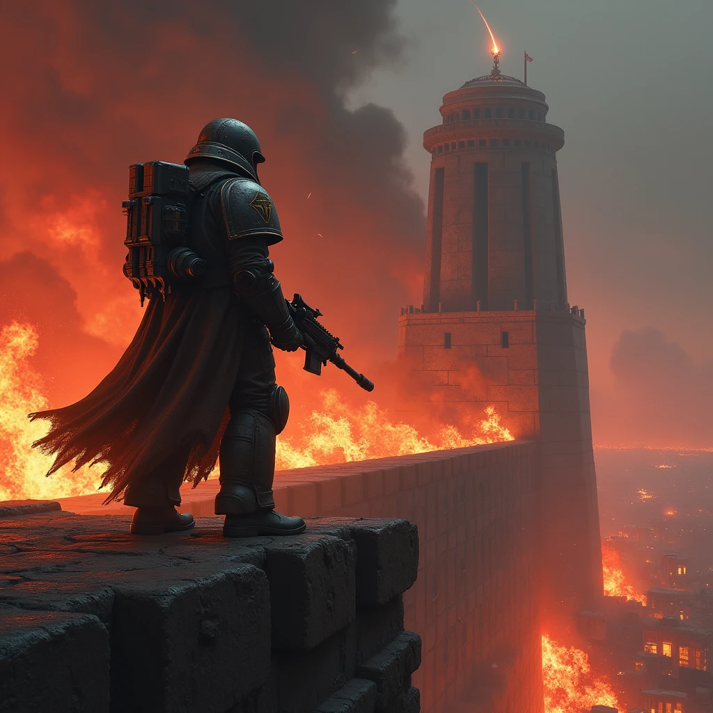 *"A massive fortress wall of Cadia stands tall and indomitable, against a background of a hellish, raging firestorm. Behind the wall, chaos and destruction loom with vivid red and orange flames swirling high into the darkened sky. On the wall, a lone Imperial Guardsman is stationed, gripping his bolter tightly, ready for battle. His armor is worn but sturdy, reflecting the harsh light of the inferno behind him. The scene is both epic and grim, emphasizing the unyielding resolve of the guardsman standing against impossible odds."*
