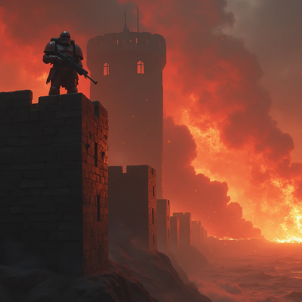 *"A massive fortress wall of Cadia stands tall and indomitable, against a background of a hellish, raging firestorm. Behind the wall, chaos and destruction loom with vivid red and orange flames swirling high into the darkened sky. On the wall, a lone Imperial Guardsman is stationed, gripping his bolter tightly, ready for battle. His armor is worn but sturdy, reflecting the harsh light of the inferno behind him. The scene is both epic and grim, emphasizing the unyielding resolve of the guardsman standing against impossible odds."*