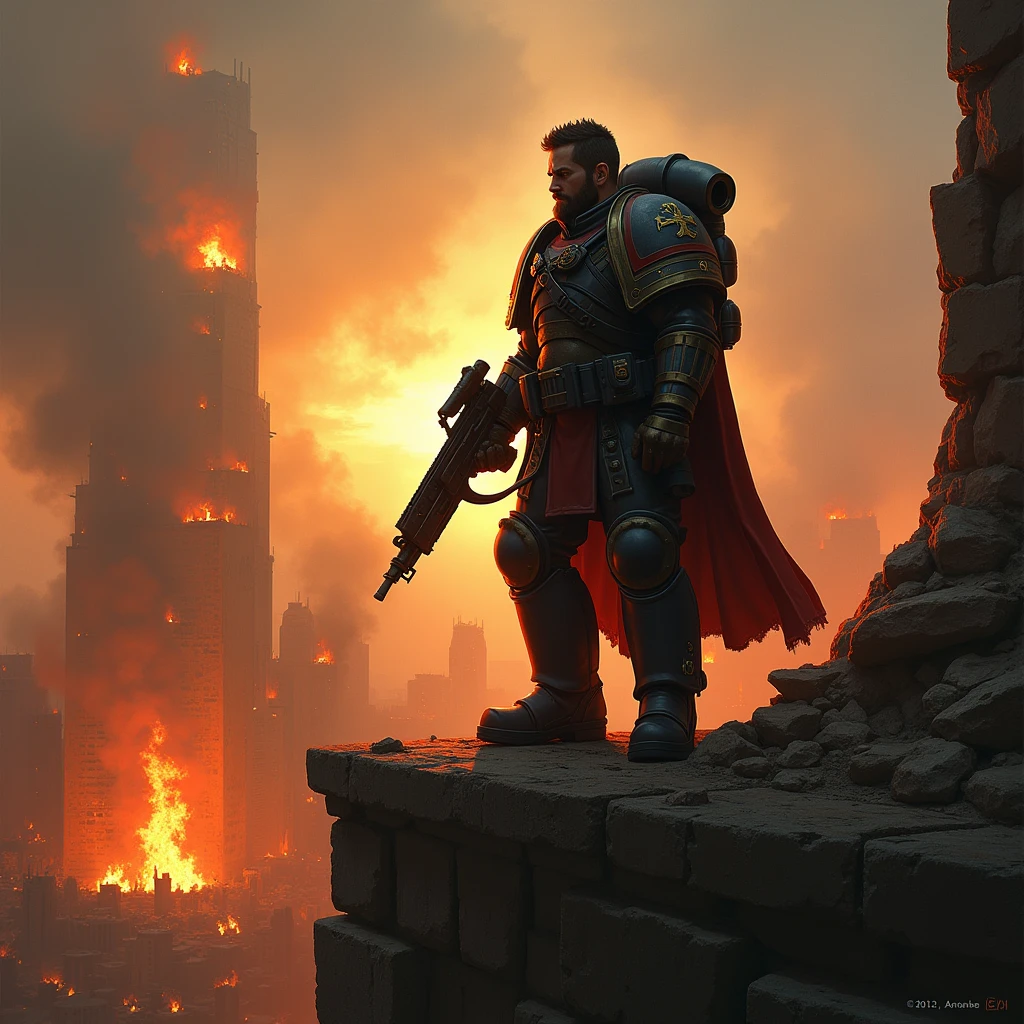 --prompt a digital painting of a Guardsman standing on top of a crumbling wall, holding a lasgun, dramatic lighting, background of a burning city, Warhammer 40k, cinematic --style best of artstation --ar 3:2