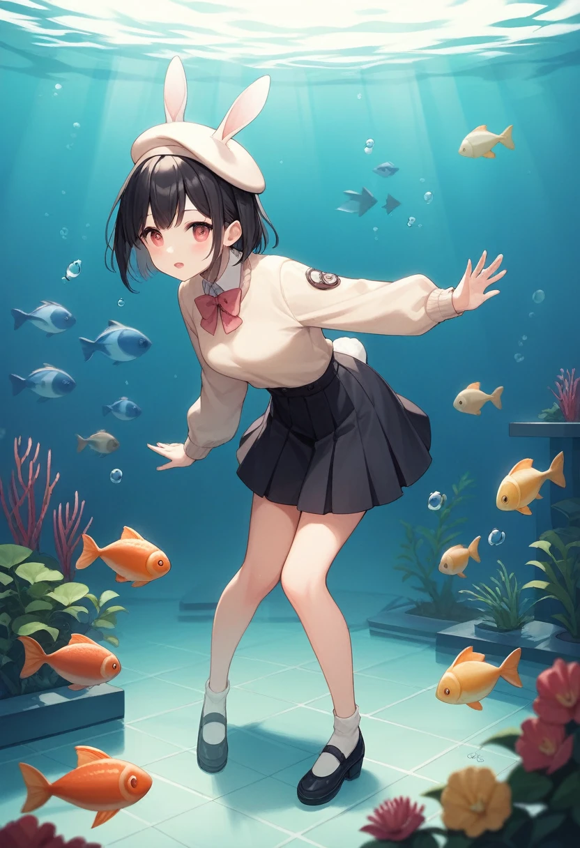 A scene in an aquarium, focused on an anime style girl with short black hair, dressed in a beige beret decorated with bunny ears and a bow, a peach colored sweater, and a dark skirt. The girl is standing in front of the aquarium glass, leaning forward slightly, with the right hand resting on the glass and the left hand relaxed. His expression shows excitement as he watches something in the water.. Behind the glass, You can see details of the aquarium with fish swimming, Illuminated by a soft, bluish light that emulates the underwater atmosphere. The focus is on capturing the girl's natural and relaxed posture., as well as the interaction between it and the aquatic environment.