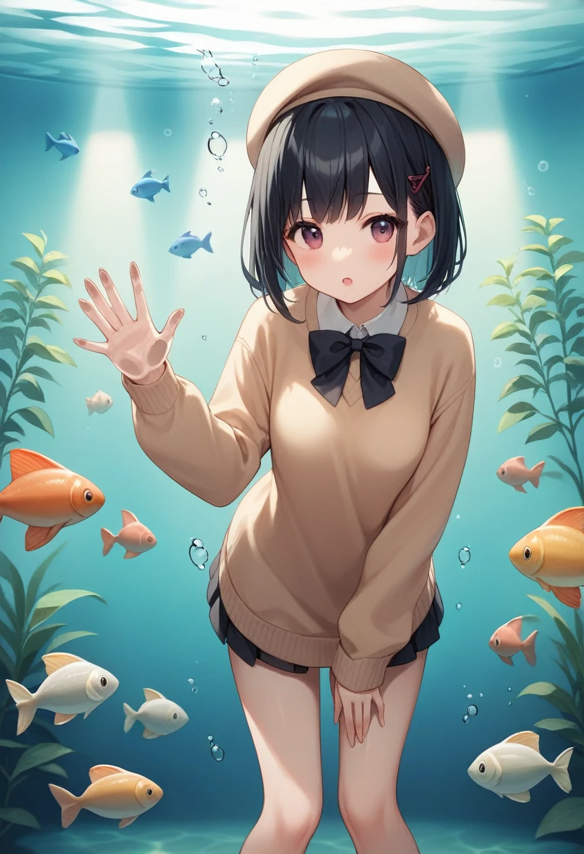 A scene in an aquarium, focused on an anime style girl with short black hair, dressed in a beige beret decorated with bunny ears and a bow, a peach colored sweater, and a dark skirt. The girl is standing in front of the aquarium glass, leaning forward slightly, with the right hand resting on the glass and the left hand relaxed. His expression shows excitement as he watches something in the water.. Behind the glass, You can see details of the aquarium with fish swimming, Illuminated by a soft, bluish light that emulates the underwater atmosphere. The focus is on capturing the girl&#39;s natural and relaxed posture., as well as the interaction between it and the aquatic environment.