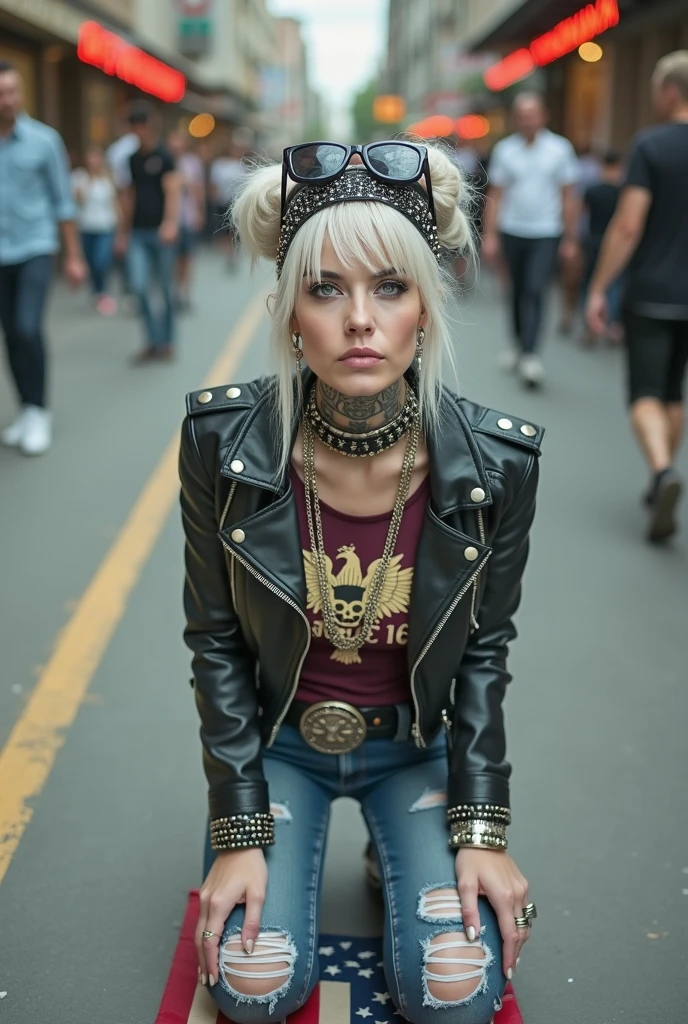 russian old milf woman, , blonde platinum hair (beehive bun) and oversized square sunglasses as headband), with very light green eyes, extremely pale. Wearing studded, padded shoulders, cropped black moto jacket (zippers on the side and femminist pins) Cropped dark burgundy push up t-shirt with skull and wings logo and gothic lettering,, dark skinny low rise blue jeans with holes on knees .White tennis sneakers. Lots of thick wide studded bracelets, chain collars and big rings. Tacky wide studded leather belt with big eagle oval buckle. Long earrings with chains. Kneeling on a ragged large usa flag, looking at the photographer. Hands on knees. Looking at the camera, Toned abdominals, thin neck, slim legs and thin arms. Narrow hips. Heavily tattooed on chest, hands, neck and arms. Crowded street of Angola