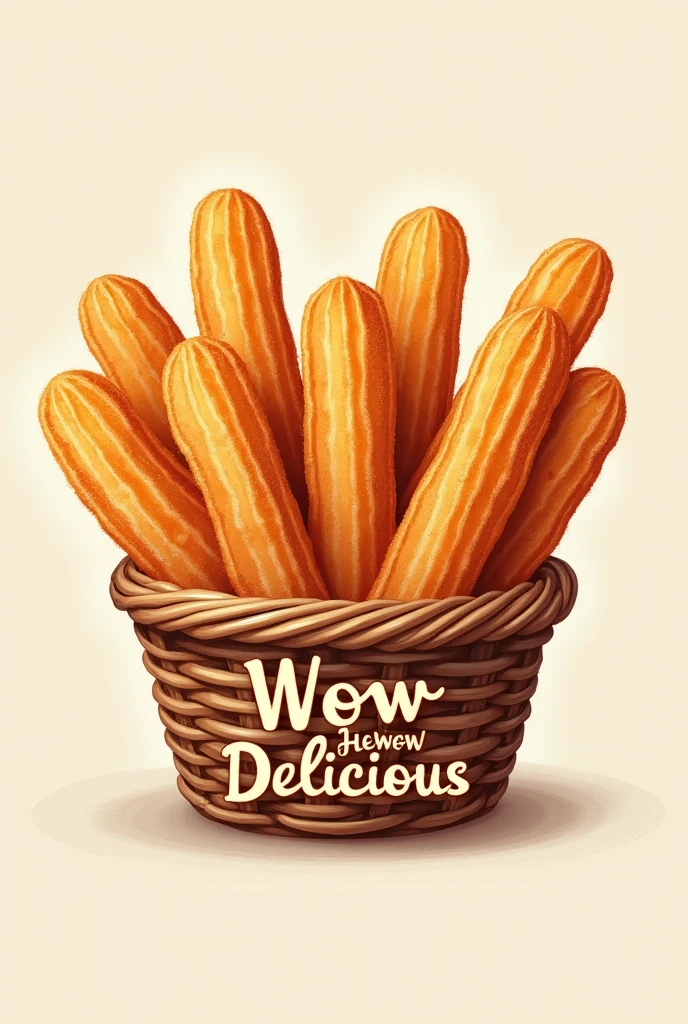 Generate a logo on a basket of 10 real straight churros for a churros business, which is called wow how delicious