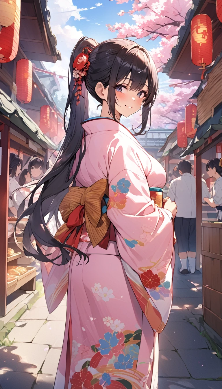 One Woman、beautiful girl、after school、evening、kimono、kimono、ponytail、Waraji、School、Back of the school building、spring、cherry blossoms々、はためくcherry blossomsの花びら、Long Hair、Highest quality、Ultra HD、Black Hair、smile、8 heads、White tabi socks、Japanese Umbrella、smile、Cowboy Shot、festival、Many food stalls、Beautiful scenery