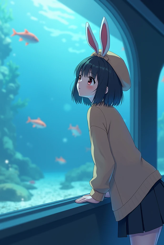 A scene in an aquarium, focused on an anime style girl with short black hair, dressed in a beige beret decorated with bunny ears and a bow, a peach colored sweater, and a dark skirt. The girl is standing in front of the aquarium glass, leaning forward slightly, with the right hand resting on the glass and the left hand relaxed. His expression shows excitement as he watches something in the water.. Behind the glass, You can see details of the aquarium with fish swimming, Illuminated by a soft, bluish light that emulates the underwater atmosphere. The focus is on capturing the girl&#39;s natural and relaxed posture., as well as the interaction between it and the aquatic environment.