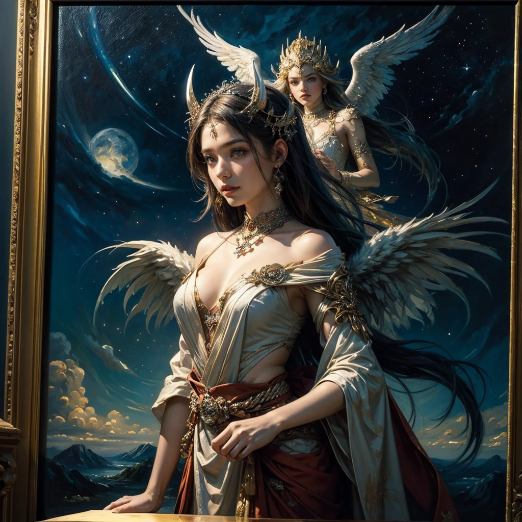 (Tabletop, Highest qualityの, (((((woman)))))、Highest quality, Official Art, (beautifully、beautiful:1.4), (Oil painting:1.4) ),((male)) (lucifer), God of Japanese God Stories々々, fleeting beauty, A mysterious god illuminated by the starry sky, Winged Angel、god'Grace, Calm and thoughtful expression, Flowing Heavenly Robe, Dazzling silver stars light up the night view, Dance of shadows and lights, Whispers of Ancient Legends、