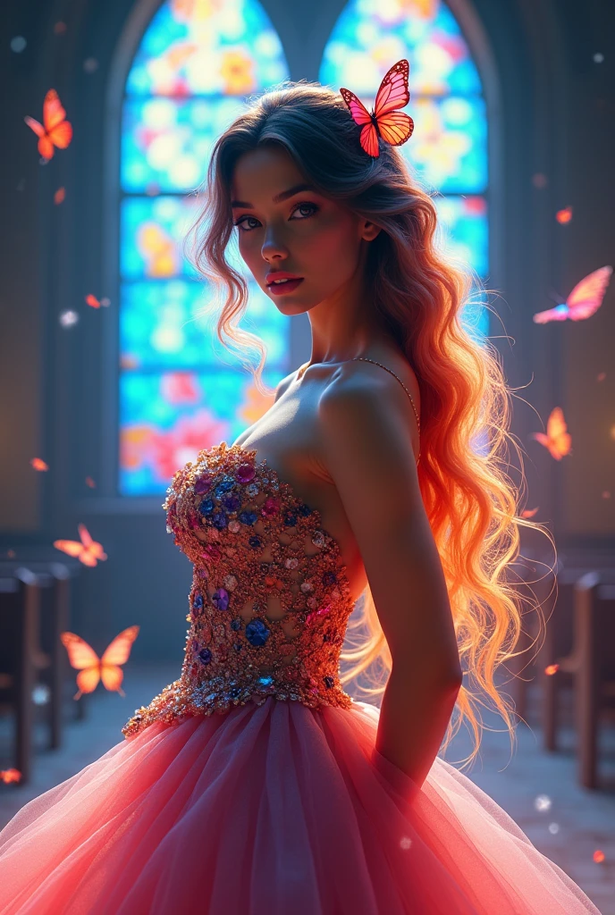 1girl, masterpiece, extremly detailed, ((Cinematic lighting)), (glowing), ((dramatic lighting)), ((beautiful detailed glow)), intricate detail, lens flare, multicolored hair, rainbow hair, long hair, multicolored dress, butterfly hair ornament, butterflies, (light particles), Arms behind back, large breasts, [curvy], cowboy shot, light smile, green eyes, church, stained glass, spotlight, dark background, floating hair, floating hair, looking at viewer,((colorful))
