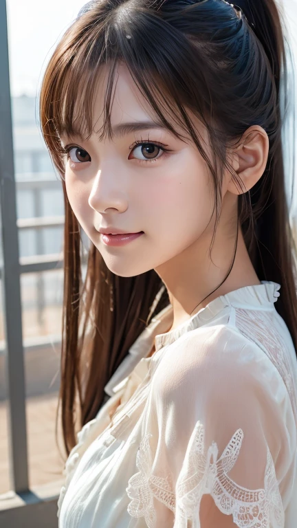 (Perfect Anatomy:1.2)(Absurd, High resolution, Super detailed),masterpiece,Highest quality,High resolution,8k,Realistic Face,Realistic skin texture,Expanded Texture, ,Amazing clarity,high school girl,Cowboy Shot,View the viewer、blush、Angle from below、Background is sky、((Looking down at the ground from above))、Hair blowing in the wind,amount、looking at the camera、sheer、Low - Angle、ponytail、smile
