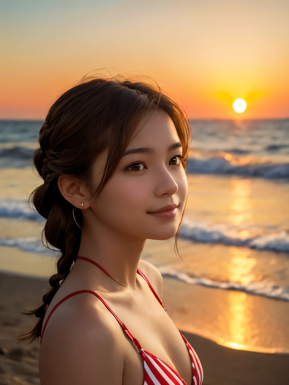 A serene sunset beach scene featuring a young woman with short brown hair, styled with a delicate braid on one side, and vibrant amber eyes. She is wearing a red and white striped bikini top with a simple bow at the center. Her expression is soft and calm, giving off a peaceful vibe, complemented by her gentle smile. She wears matching turquoise teardrop earrings, which catch the warm glow of the setting sun. The background showcases a golden sunset, with the sun reflecting on the calm ocean waves and a distant shoreline visible on the horizon. The lighting is warm, casting a soft, golden glow on her skin and highlighting her hair. The scene is captured from a front-facing perspective, focusing on the character while allowing the vibrant sunset and tranquil sea to frame the moment beautifully.
