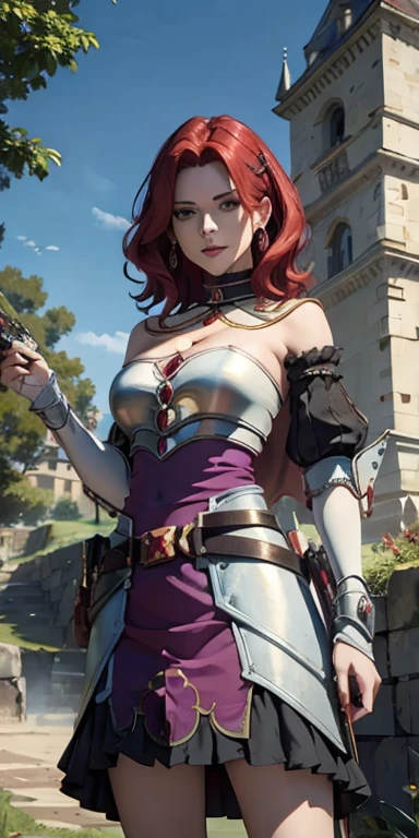 (masterpiece, Best Quality:1.4), looking at the viewer, cowboy shot, affected smile, malty melromarc, Red hair, by the wide, green eyes, exposed cleavage, big breasts, massive breasts pecjos, hair ornament, earrings, Jewelry, armor, armored dress, dress, separate sleeves, breastplate, purple skirt, belt, outdoor, grass, castillo, microdress, bodycon, eyeslashes, cleavage, navel, corruption, (o-ring), choker, Jewelry, earrings, necklace, holDing a gun, holDing, handgun, big breasts, huge breasts, masiv breasts, enormous breasts, nipples