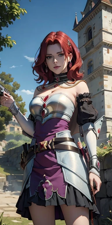 (masterpiece, Best Quality:1.4), looking at the viewer, cowboy shot, affected smile, malty melromarc, Red hair, by the wide, green eyes, exposed cleavage, big breasts, massive breasts pecjos, hair ornament, earrings, Jewelry, armor, armored dress, dress, separate sleeves, breastplate, purple skirt, belt, outdoor, grass, castillo, microdress, bodycon, eyeslashes, cleavage, navel, corruption, (o-ring), choker, Jewelry, earrings, necklace, holDing a gun, holDing, handgun, big breasts, huge breasts, masiv breasts, enormous breasts, nipples