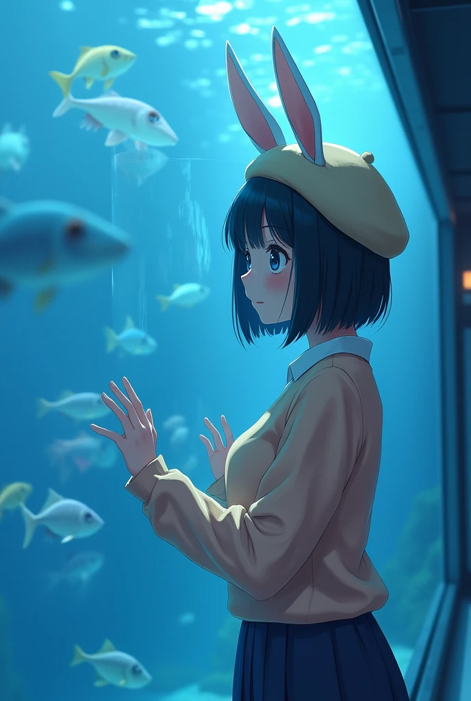 A scene in an aquarium with an anime-style girl with short dark hair. She is wearing a beige beret with bunny ears., a peach-colored sweater and a dark skirt. The girl is standing with her torso slightly leaning forward., looking curiously through the aquarium glass. His right hand is resting on the glass, while his left hand hangs relaxed at his side. Her posture makes her breasts, large and bulky, are pressed against the glass, slightly deforming from contact. The scene is illuminated with a blue light, typical of aquariums, and deep down, Behind the glass, you see fish swimming. The focus is on the girl's interaction with the aquarium glass and the way her breasts gently bump against it..