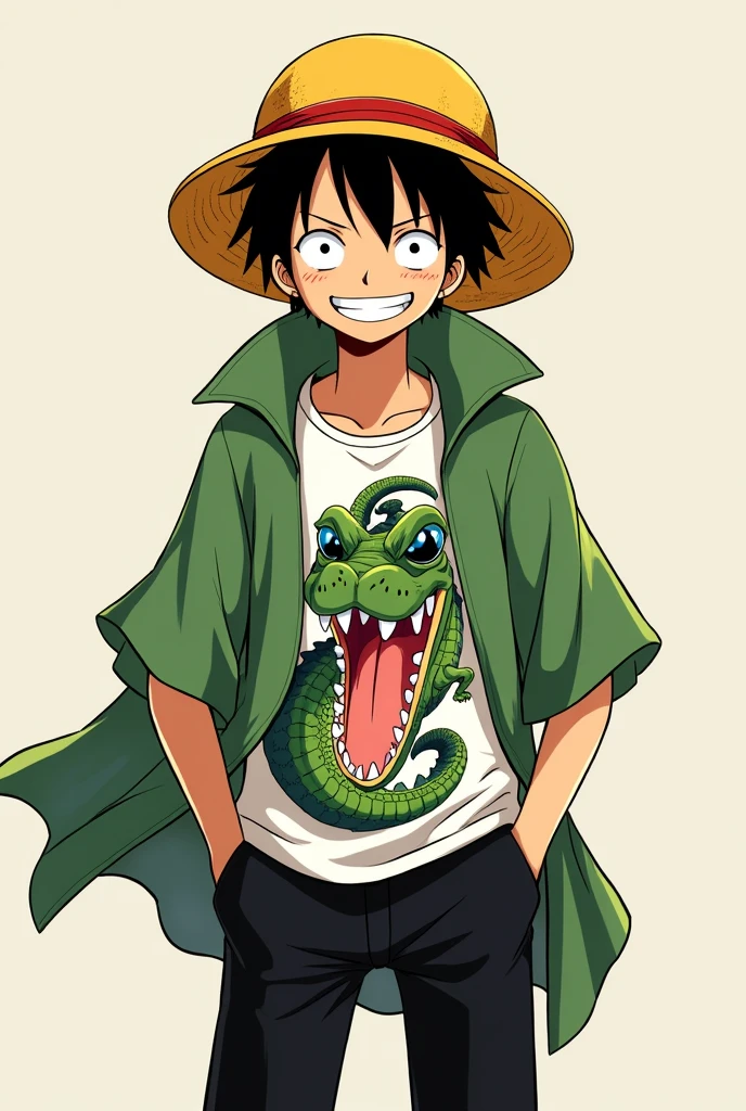 Créez une image d'un garçon avec un visage portant un chapeau jaune, une chemise avec une image d'un dragon, pantalon noir et une écharpe de Katakuri de One Piece avec un crocodile