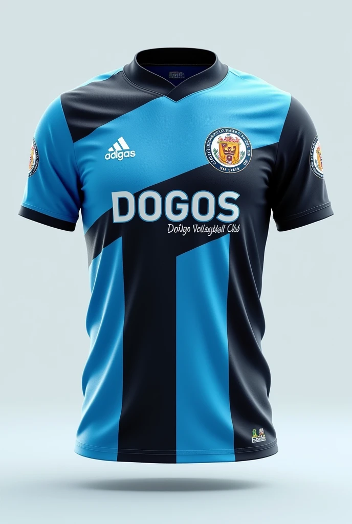 Create a volleyball jersey, short sleeve, The club is called Dogos Volleyball Club and the logo is an Argentine Dogo dog., The colors light blue-calypso-black suit us, that it is a unique and original design 