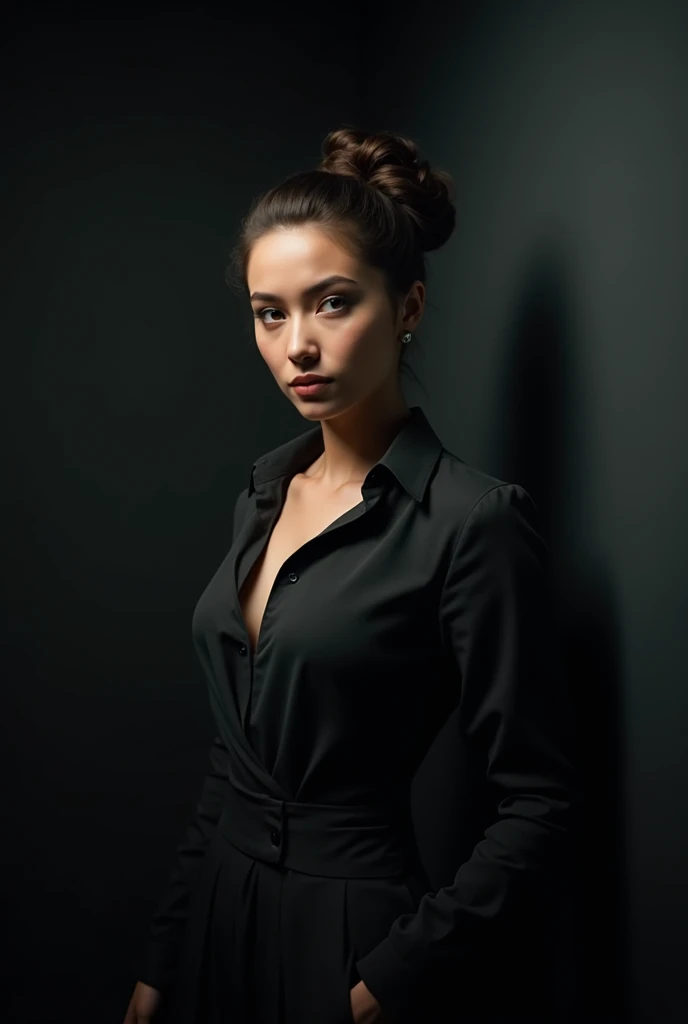 Here is a prompt to generate the image:

"Create an image of a powerful entrepreneurial woman with sharp features and an imposing presence. She has a determined expression and is dressed elegantly., modern business attire. The background is dark and moody., with subtle lighting that highlights your figure. The general atmosphere must convey strength, trust, and ambition, with a touch of mystery and intensity. Modest clothing and updos ,Dark theme 